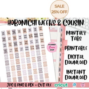 Onglets index Cousin Hobonichi/onglets semaines Hobonichi/petits onglets mensuels/planificateur imprimable autocollants/mignon mois diviseur onglet autocollants/Mini onglet 02
