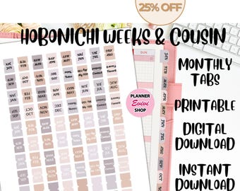 Hobonichi Cousin Index Tabs/Hobonichi Weeks Tabs/Small Monthly Tabs/Printable Planner Stickers/Cute Month Divider Tab Stickers/Mini Tab  02