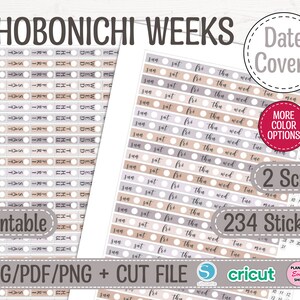 May include: Printable Hobonichi Weeks planner stickers with 234 stickers, 2 script options, and date covers. The stickers are in a neutral colour palette of beige, brown, and grey. The stickers feature a variety of designs, including days of the week, numbers, and blank spaces.