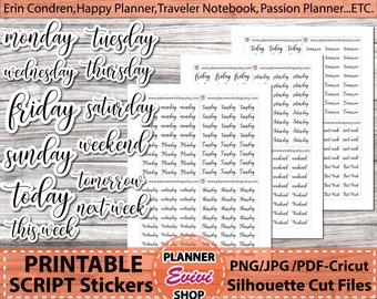 Naklejki z napisami „Dni, tygodnie”, naklejki do planera do druku/Erin Condren, Happy Planner, Hobonichi, zestaw naklejek do dziennika Bulett/Dni tygodnia