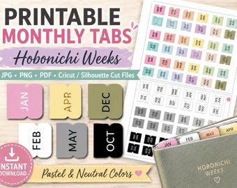 Pestañas para semanas de Hobonichi, pestañas imprimibles para semanas de Hobonichi, pegatinas para pestañas mensuales, imprimibles de Hobonichi, pestañas para planificador, mini pestañas