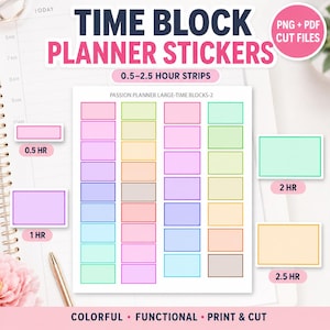 May include: A sheet of rectangular time block planner stickers in various pastel and bright colours. The text reads TIME BLOCK PLANNER STICKERS, 0.5-2.5 HOUR STRIPS, PASSION PLANNER LARGE-TIME BLOCKS-2, PNG + PDF CUT FILES, 0.5 HR, 1 HR, 2 HR, 2.5 HR, COLOURFUL, FUNCTIONAL, PRINT & CUT.