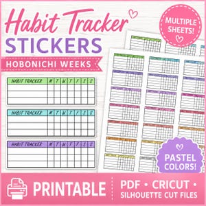 Puede incluir: Pegatinas imprimibles de seguimiento de h&aacute;bitos para Hobonichi Weeks. Las pegatinas presentan un dise&ntilde;o de cuadr&iacute;cula con espacios para los h&aacute;bitos diarios. El dise&ntilde;o incluye colores pastel y el texto "Habit Tracker" y "Printable". Hay varias hojas disponibles.