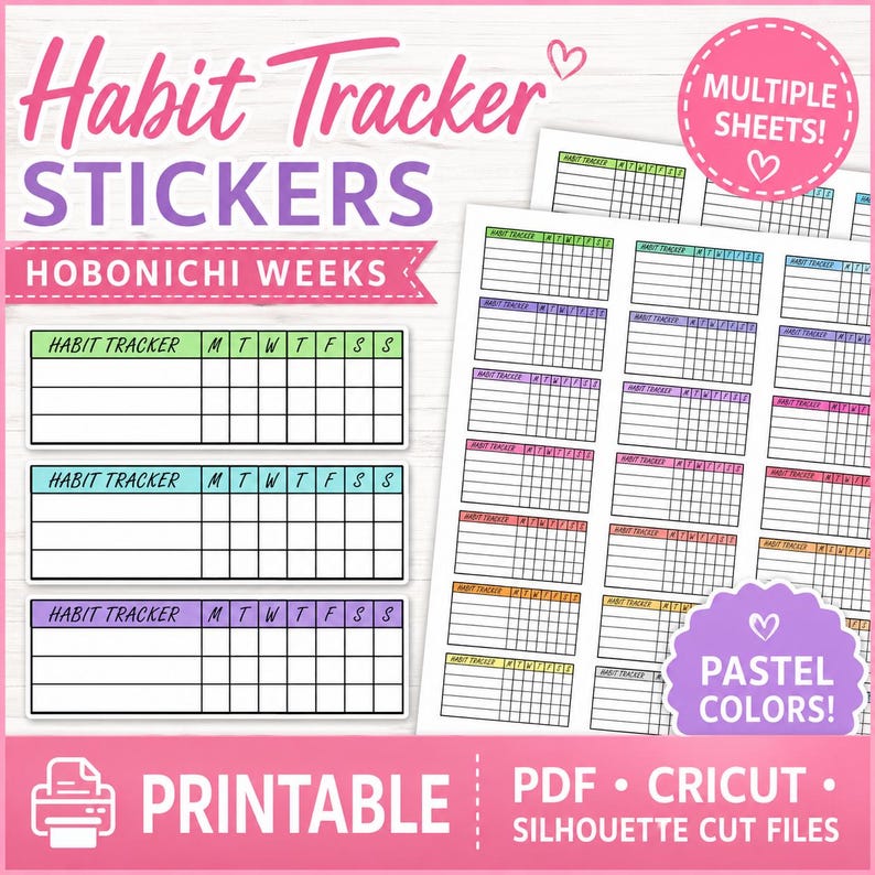 Puede incluir: Pegatinas imprimibles de seguimiento de h&aacute;bitos para Hobonichi Weeks. Las pegatinas presentan un dise&ntilde;o de cuadr&iacute;cula con espacios para los h&aacute;bitos diarios. El dise&ntilde;o incluye colores pastel y el texto "Habit Tracker" y "Printable". Hay varias hojas disponibles.
