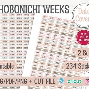 Capas de datas das semanas Hobonichi, adesivos de planejador para impressão, várias cores, tiras de datas semanais, tira vertical dos dias da semana, Bujo Journal 05