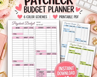May include: A printable Paycheck Budget Planner document featuring sections for income, expenses, bills, debt, and savings. The layout includes columns for budget and actual amounts, with pink, blue, and green color schemes shown on multiple pages.