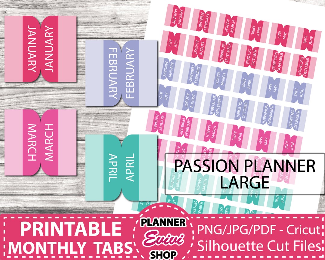 Passion Planner Large Monthly Tabs, Passion Planner Printable Stickers, Digital Monthly Tabs