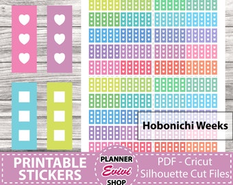 May include: Printable planner stickers for Hobonichi Weeks. The stickers are in various colors and feature hearts and squares. The stickers are designed for use with a planner or journal.
