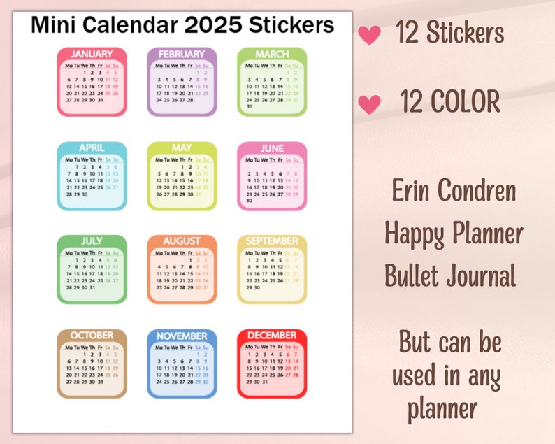 2025 Mini Calendar Planner Stickers/2025 Calendar Stickers/2025 Monthly