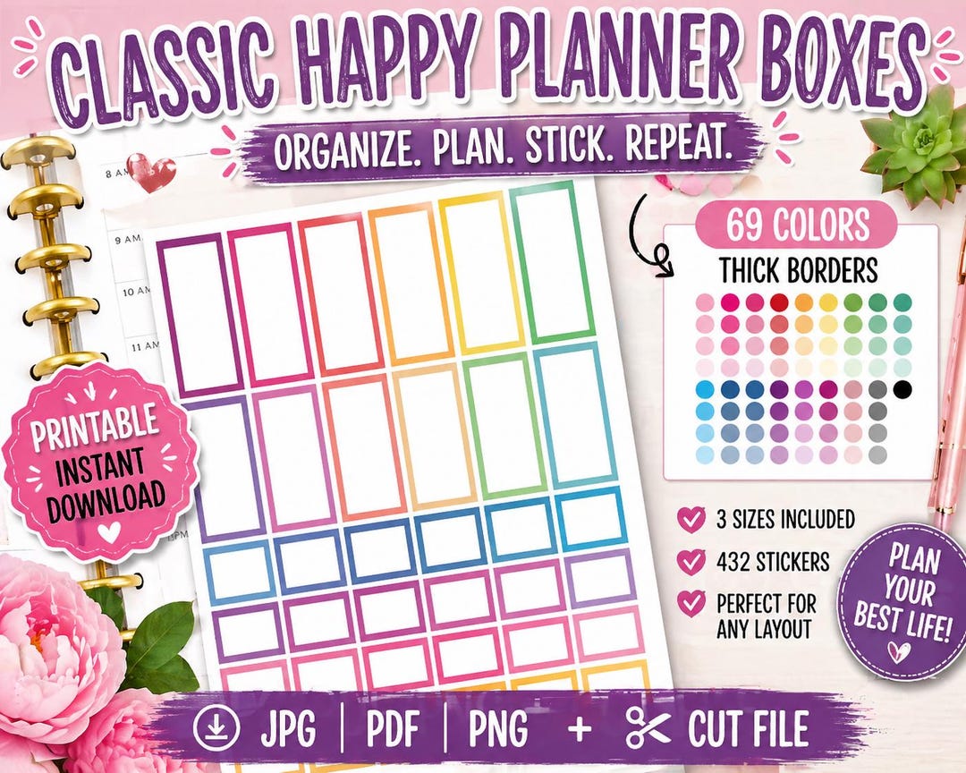 Classic Happy Planner Stickers, Printable Planner Boxes, Functional Box ...