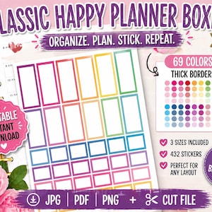May include: A printable planner sticker set with rectangular boxes in a rainbow of colors. The image includes the text "CLASSIC HAPPY PLANNER BOXES" and "ORGANIZE. PLAN. STICK. REPEAT." It also highlights 69 colors, 3 sizes, and 432 stickers.