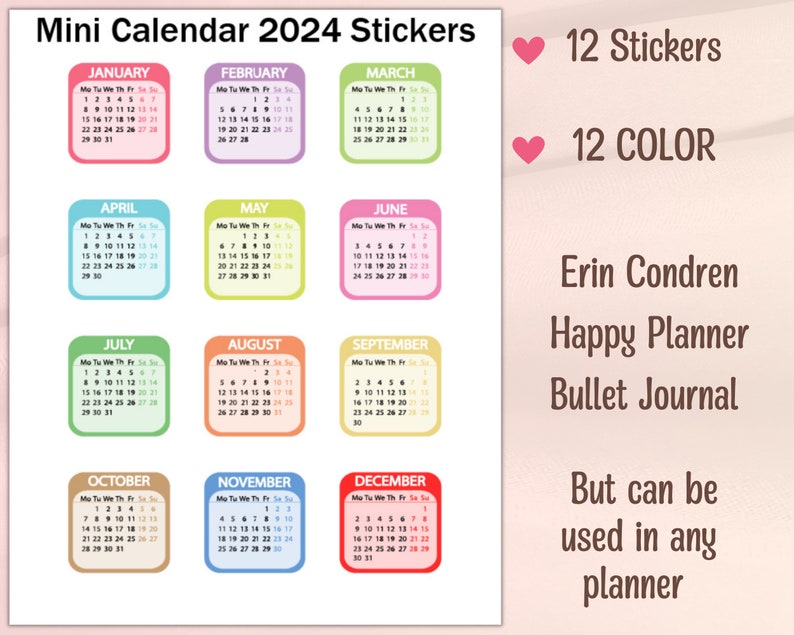 2024 Mini Calendar Planner Stickers/2024 Calendar Etsy