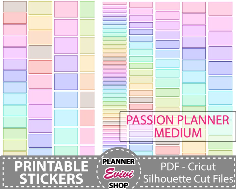 May include: Printable Passion Planner stickers in various pastel colors, including pink, blue, green, and yellow. The stickers are rectangular and come in different sizes. The text "Passion Planner Medium" is visible in the image. The image also includes the text "Printable Stickers" and "PDF - Cricut Silhouette Cut Files".