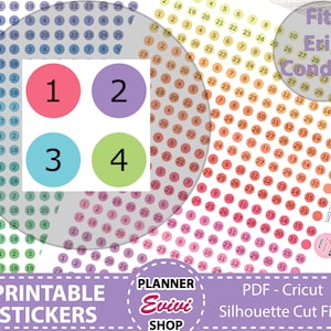 Printable Date Dots, Printable Planner Stickers, Date Dot Stickers,Erin Condren, Happy Planner, Printable Date Cover, Print at home,