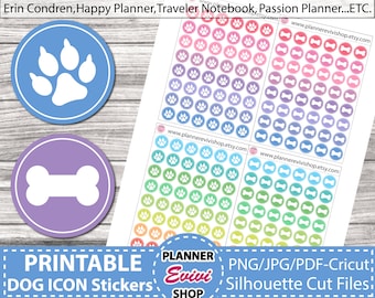 Dog Icon Stickers, Printable Planner Stickers, Paw Print Stickers, Pet Planner Stickers, Printable Planner Icons, Circle Icon Stickers,