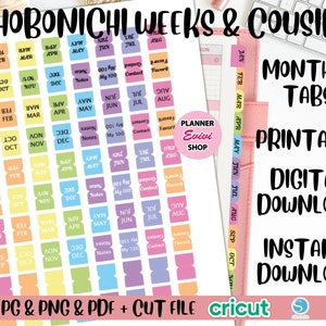 Hobonichi Planner Tabs/Month Name, Number, Blank Tab/Various Colorway Options/Printable Planner Stickers/Hobonichi Weeks/Hobonichi Cousin 08