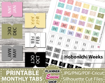 Könnte beinhalten: Druckbare Monats-Planer-Tabs für einen Hobonichi Weeks-Planer. Die Tabs sind in verschiedenen Farben und zeigen die Monate des Jahres in schwarzer und goldener Schrift. Das Bild zeigt auch ein Blatt mit kleineren, vorgeschnittenen Monats-Tabs in verschiedenen Farben.