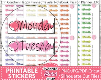 Días de la semana pegatinas imprimibles del planificador/portada de fecha/pegatinas de días/Erin Condren/planificador feliz/diario de viñetas/juego de etiquetas de pegatinas de calendario