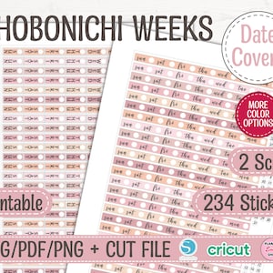 May include: Printable Hobonichi Weeks planner stickers with 234 stickers, 2 script options, and date covers in pink, peach, and white. The stickers feature days of the week and numbers.