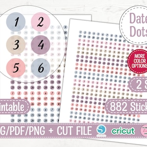 Hobonichi Fecha Cubierta Imprimible Planificador Pegatinas, Números de Calendario, Decoración de Color Puntos de Fecha, Días de la semana, Pequeñas - Mini -Pequeñas Pegatinas de Fecha