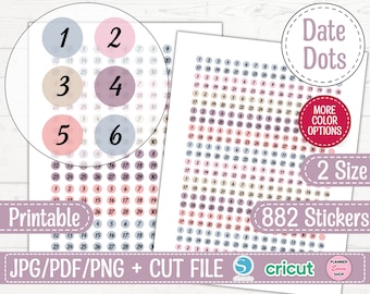 Hobonichi Date Cover Printable Planner Stickers, Calendar Numbers, Color Decor Date Dots, Days of the week, Tiny - Mini -Small Date Stickers
