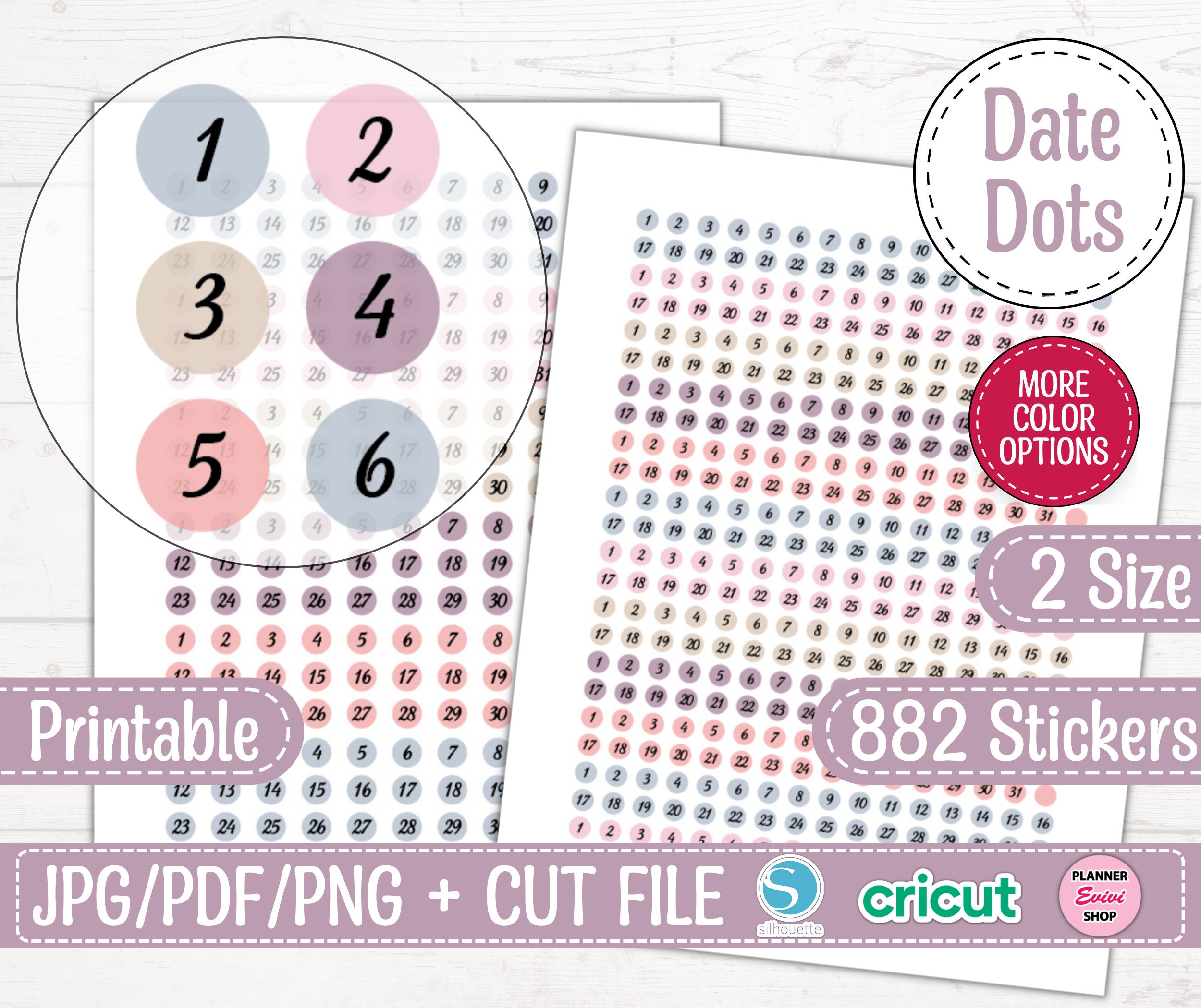 Hobonichi Datum Cover druckbare Planner Aufkleber, Kalenderzahlen, Farbe Dekor Datum Punkte, Tage der Woche, winzig - Mini - kleine Datum Aufkleber