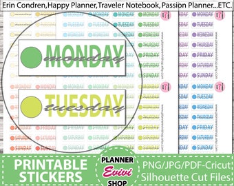 May include: Printable planner stickers with a green and yellow circle and the words "MONDAY" and "TUESDAY" in a handwritten font. The stickers are designed for use in a planner or journal.