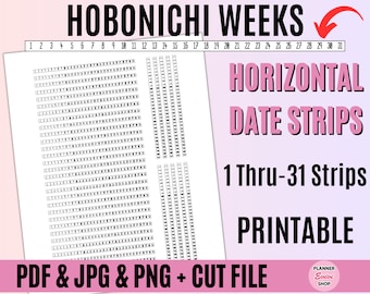 Hobonichi Weeks Date Strips, 1 thru-31 strips, Printable Planner Stickers, For Monthly-,Weekly-,Memo Page, Graph Paper,Horizontal Date Cover