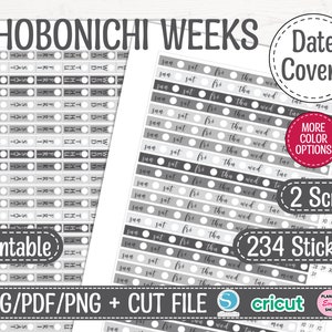 Capas de datas das semanas Hobonichi, adesivos de planejador para impressão, várias cores, faixas de datas semanais, faixa vertical do dia da semana, Bujo Journal 06