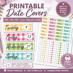 Può includere: Copertine di date stampabili con motivi a quadri colorati per pianificatori e diari. Include adesivi per ogni giorno della settimana, con date e giorni della settimana. L'immagine include anche il testo "Make your planner cute, colorful & organized!"