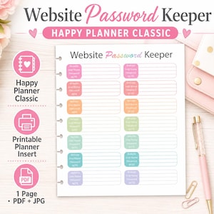May include: A printable Website Password Keeper insert for Happy Planner Classic. The design features a white background with colorful pastel boxes for website, username, password, and note entries. Includes a PDF and JPG file.