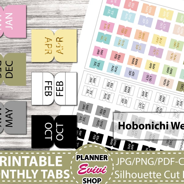 HOBONICHI Weeks Monthly Tabs Hobonichi Weeks Printable Stickers | Hobonichi Printables | Digital, Small Monthly Tabs Mini Tabs Cute Files