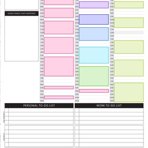 May include: A daily planner with a pink, blue, and green color scheme. The planner is divided into three sections: Monday, Tuesday, and Wednesday. Each section has a time slot from 6:00 AM to 10:30 PM. The planner also includes sections for "This Week's Focus", "Good Things That Happened", "Personal To-Do List", and "Work To-Do List".