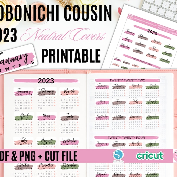 HOBONICHI COUSIN COVER(A5)2023 Neutral Covers Printable/Months of the year/Year at a Glance Label/Hobonichi Kit/Printable Planner Sticker 04