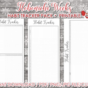 May include: Printable Hobonichi Weeks habit tracker pack. Three black and white printable pages with the text "Habit Tracker" at the top. The pages are designed for use with a Hobonichi Weeks planner.