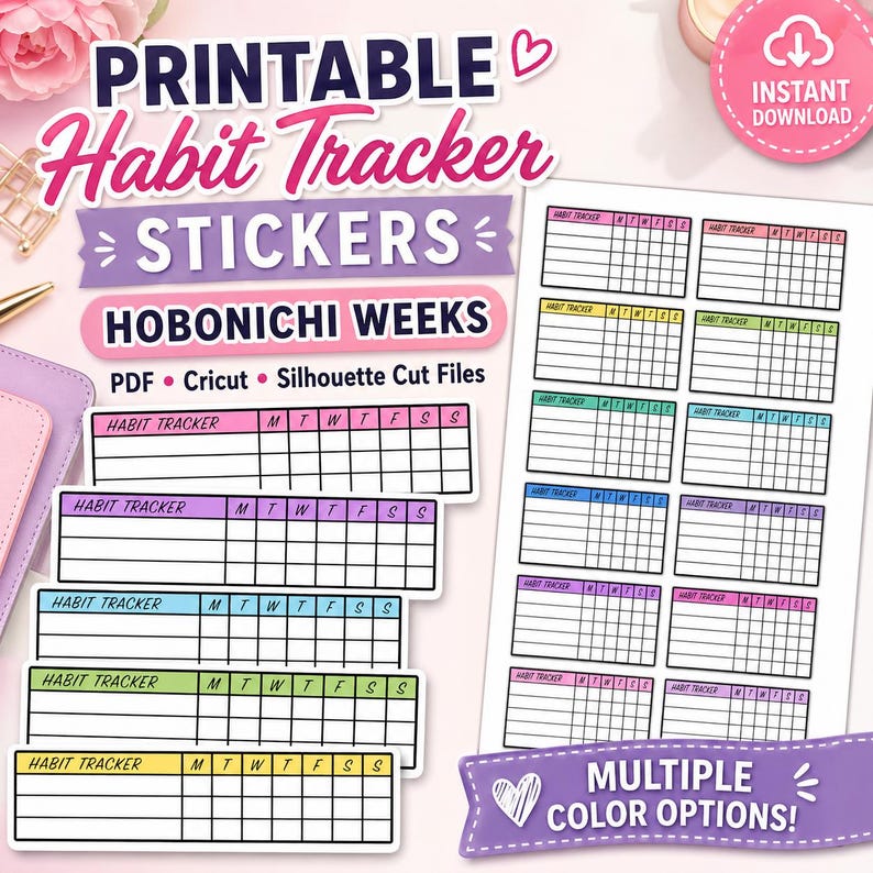 Puede incluir: Pegatinas imprimibles de seguimiento de h&aacute;bitos en m&uacute;ltiples colores. Dise&ntilde;adas para Hobonichi Weeks, est&aacute;n disponibles en PDF, Cricut y Silhouette Cut Files. Las pegatinas tienen un dise&ntilde;o de cuadr&iacute;cula para el seguimiento de h&aacute;bitos.