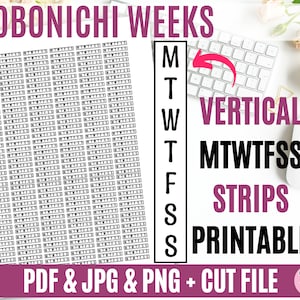 以下が含まれることがあります： Hobonichi Weeks 用の印刷可能な垂直プランナーストリップ。ストリップは白黒で、曜日（月曜日、火曜日、水曜日、木曜日、金曜日、土曜日、日曜日）が記載されています。テキスト「MTWTFSS」はピンクの背景に黒で書かれています。テキスト「VERTICAL STRIPS PRINTABLE」はピンクの背景に黒で書かれています。テキスト「PDF & JPG & PNG + CUT FILE」はピンクの背景に黒で書かれています。