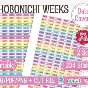 Couvertures de date de semaines Hobonichi, autocollants de planificateur imprimables, différentes couleurs, bandes de date hebdomadaires, bande verticale du jour de la semaine, Bujo Journal 08