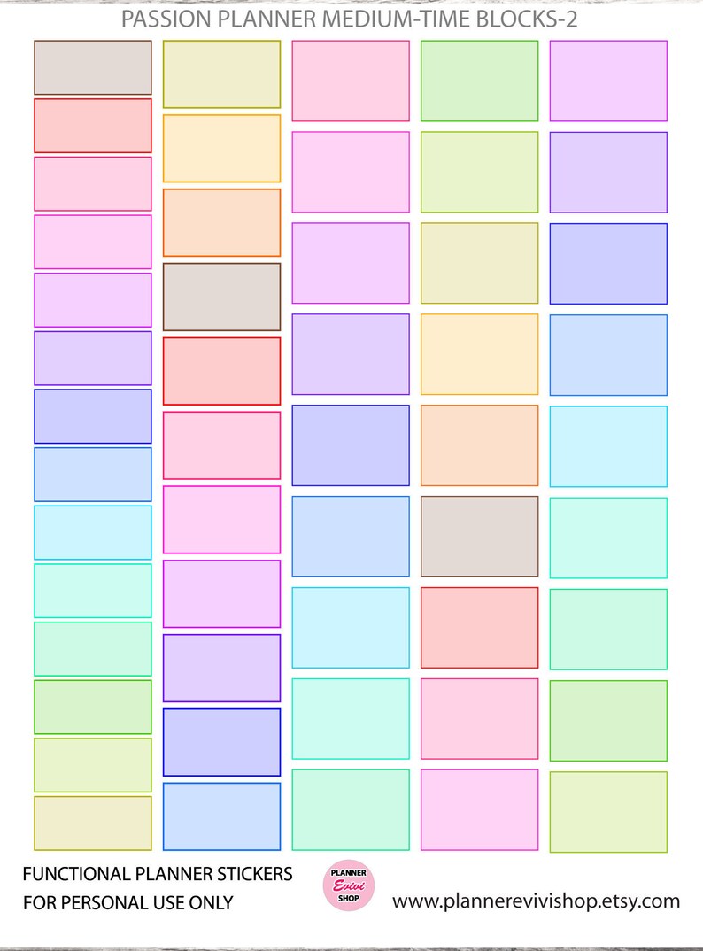 May include: A set of 18 colorful planner stickers with different pastel colors, including pink, blue, green, yellow, and beige. The stickers are rectangular and have a white outline. The text "PASSION PLANNER MEDIUM-TIME BLOCKS-2" is at the top of the image. The text "FUNCTIONAL PLANNER STICKERS FOR PERSONAL USE ONLY" is at the bottom of the image. The text "PLANNER Evivi SHOP" and "www.plannerevivishop.etsy.com" are also at the bottom of the image.
