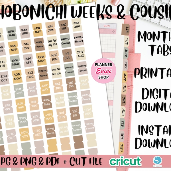Hobonichi Weeks Tabs, Hobonichi Cousin Tabs, Hobonichi Tabs,Printable Planner Stickers,Monthly Tabs,Mini Tabs,Small Planner Tabs,Hobo Tab 01