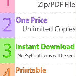 May include: A colorful graphic with four numbered points highlighting the benefits of purchasing a digital product. The points are: 1. File Format: Zip/PDF File, 2. One Price: Unlimited Copies, 3. Instant Download: No Physical Items Will Be Sent, 4. Printable: Print As Many As You Need.