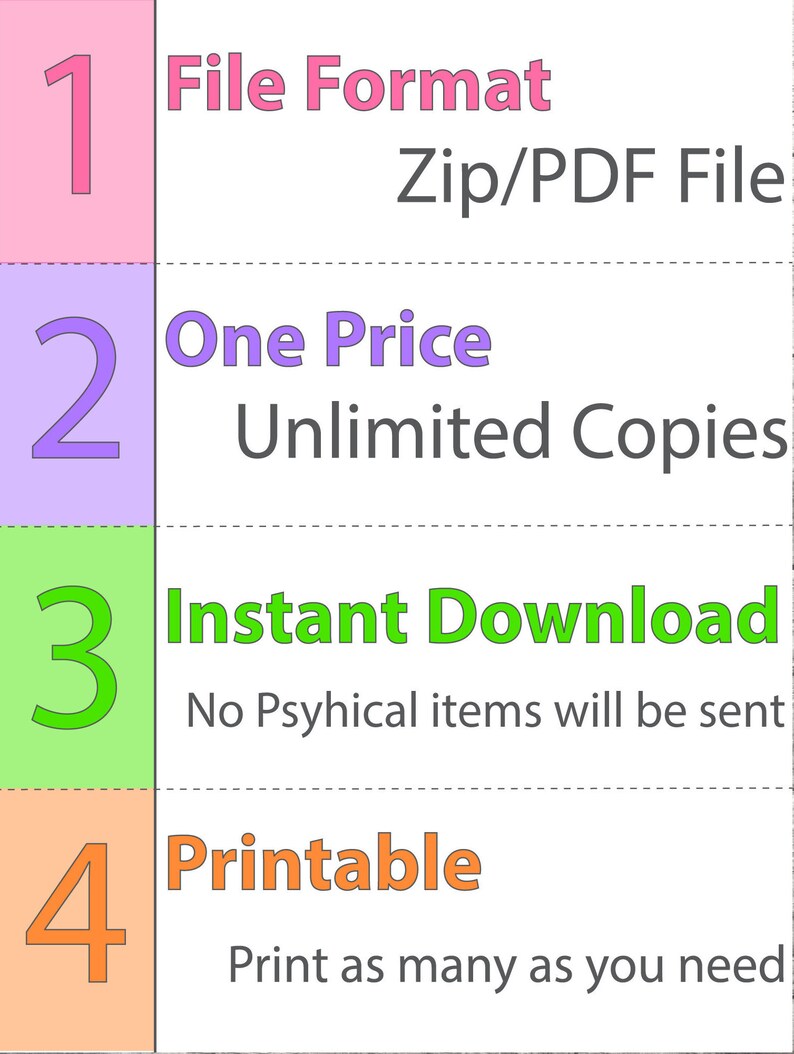 May include: A colorful graphic with four numbered points highlighting the benefits of purchasing a digital product. The points are: 1. File Format: Zip/PDF File, 2. One Price: Unlimited Copies, 3. Instant Download: No Physical Items Will Be Sent, 4. Printable: Print As Many As You Need.