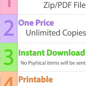 May include: A colorful graphic with four numbered steps outlining the benefits of purchasing a digital product. The steps are: 1. File Format: Zip/PDF File, 2. One Price: Unlimited Copies, 3. Instant Download: No Physical Items Will Be Sent, 4. Printable: Print As Many As You Need.