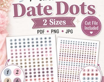 Può includere: Un foglio digitale stampabile di punti data con i numeri da 1 a 31 in vari colori pastello, tra cui blu, rosa e beige. Il testo recita Printable Date Dots, 2 Sizes, PDF, PNG, JPG e Cut File Included. Il design include adesivi circolari.