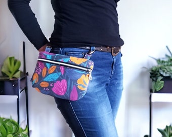 Gray hip bag and colored flowers, carabiner belt bag, fanny pack