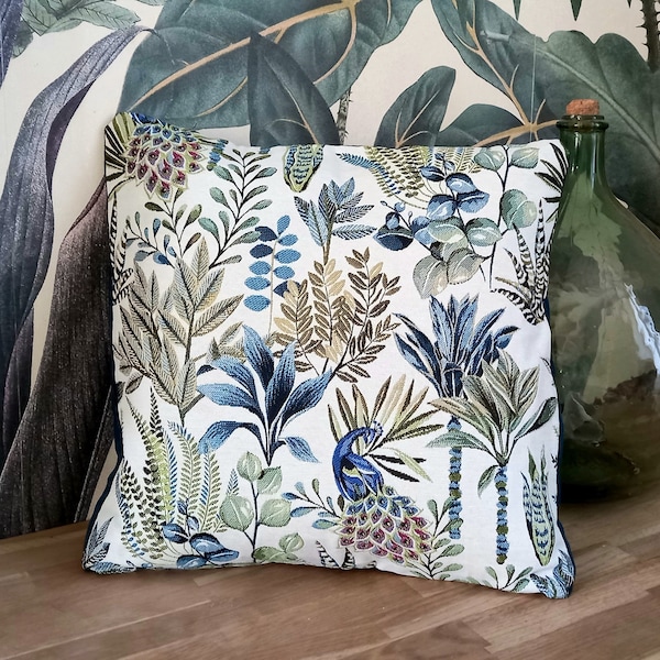 Housse de coussin tissu jacquard paon, feuilles et arbres, tissu tropical