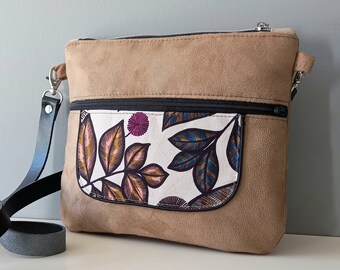 Small Frozen Brown Musette Bag in Suede, Autumn Flowers, Leather