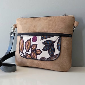 Small frozen brown Musette bag in suede, autumn flowers, leather shoulder strap