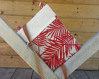 Red Tropical Messenger bag, leather shoulder strap, tropical handmade bag