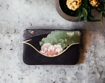 Trousse Pils noire, fleurs rose or